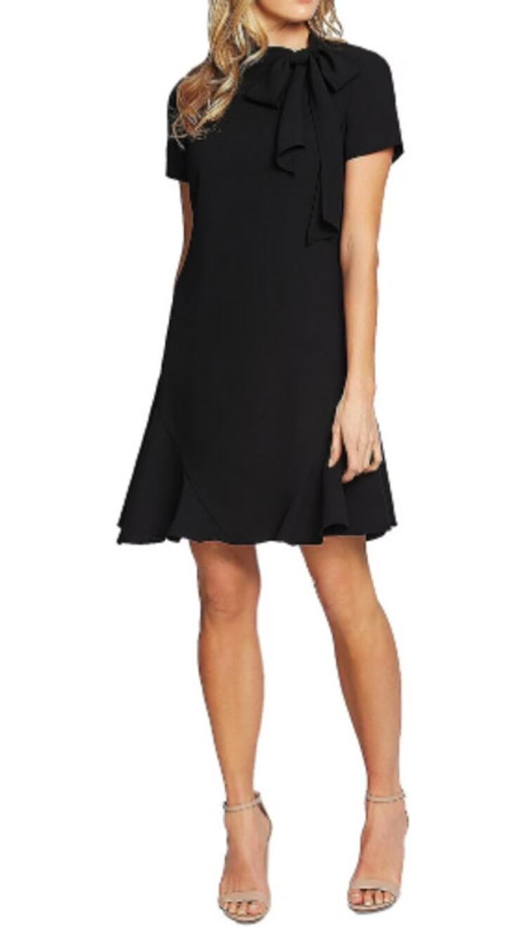 CeCe Bow Neck Short Sleeve Mini Dress Women's 4 Black Flounce Hem NWT